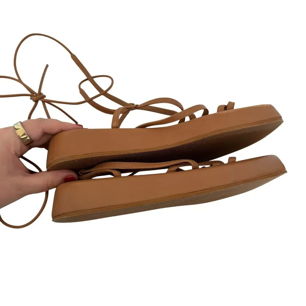 Loeffler Randall (6.5) Beau Dark Sand Leather Wrap Tie Platform Sandals